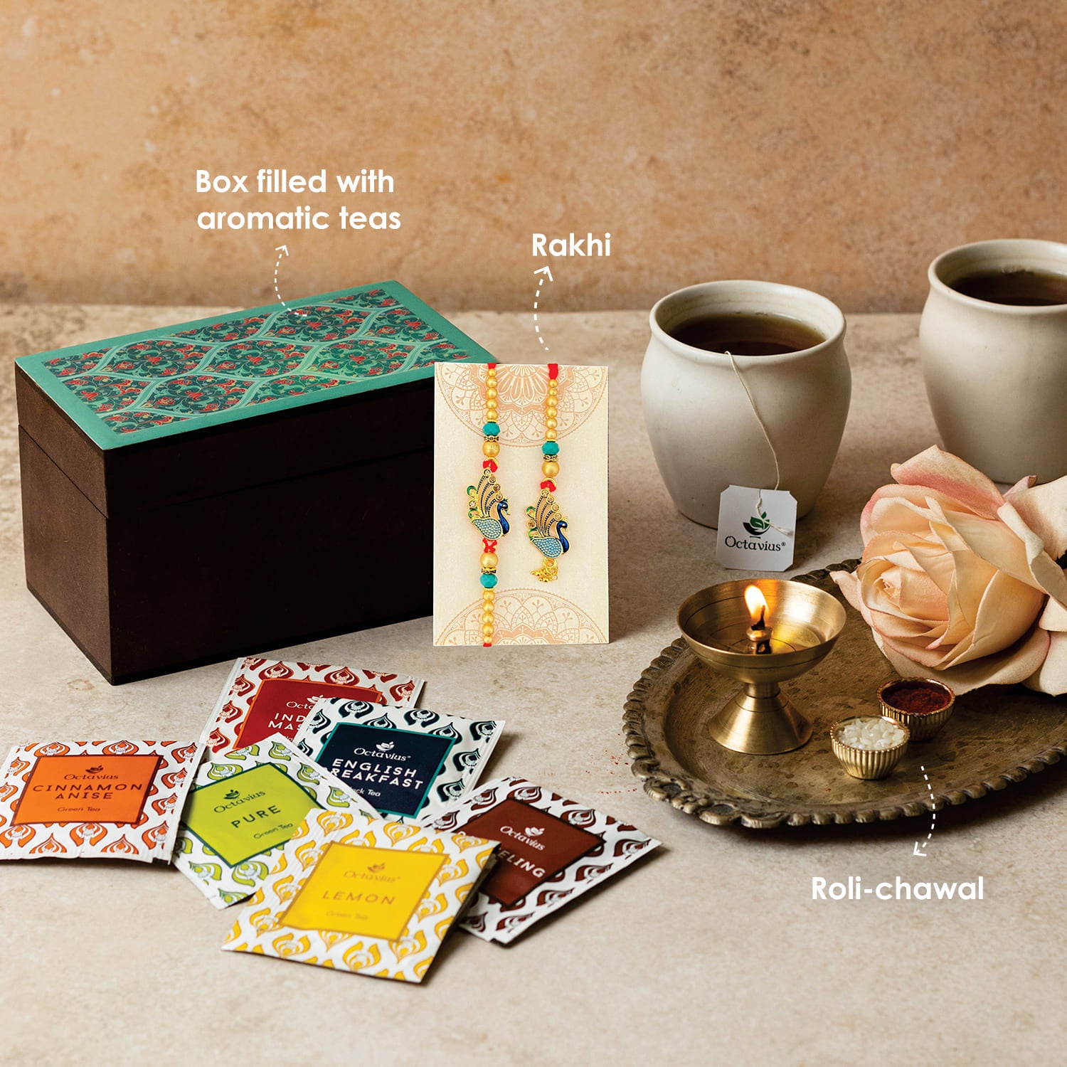 Assortment of fine Teas For your sibling - 30 Teabags in Ornate floral art wooden box