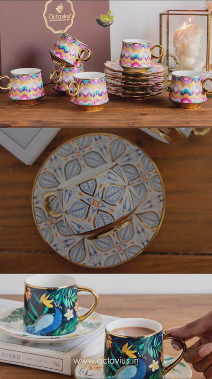 Imperial Crimson Bloom Tea Set (6 Cups &amp; Saucers) – 200 ml