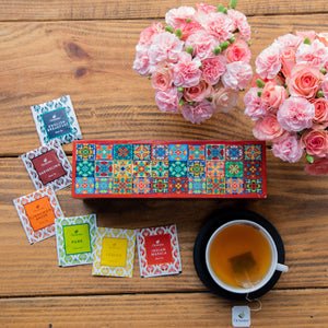 
                  
                    Load image into Gallery viewer, Assortment of Fine Teas- 60 Black &amp;amp; Green Teabags in Tile Motif Wooden Box
                  
                