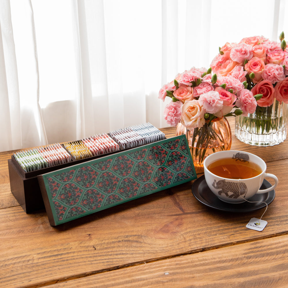 
                  
                    Load image into Gallery viewer, Assortment of Fine Teas- 60 Black &amp;amp; Green Teabags in Ornate Floral Art Wooden Box
                  
                