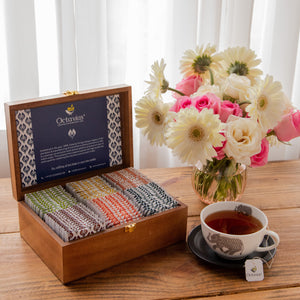 
                  
                    Load image into Gallery viewer, Assortment of Fine Teas - 90 Black &amp;amp; Green Teabags in Handcrafted Wooden Box with Traditional Indian Vibrant Desi Print
                  
                