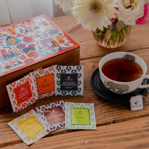 
                  
                    Load image into Gallery viewer, Assortment of Fine Teas - 90 Black &amp;amp; Green Teabags in Handcrafted Wooden Box with Traditional Indian Vibrant Desi Print
                  
                