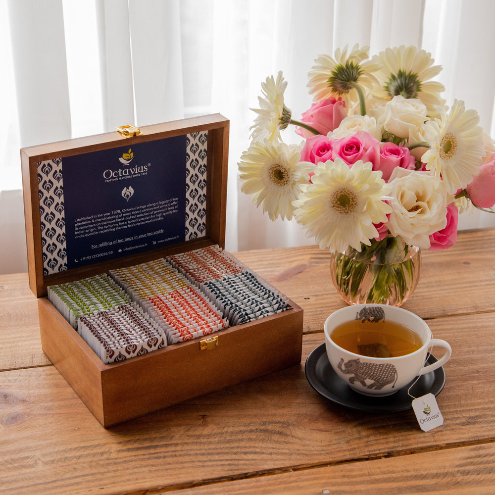 
                  
                    Load image into Gallery viewer, Assortment of Fine Teas - 90 Black &amp;amp; Green Teabags in Handcrafted Wooden Box with Traditional Indian Lotus Print
                  
                