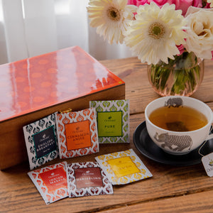 
                  
                    Load image into Gallery viewer, Assortment of Fine Teas - 90 Black &amp;amp; Green Teabags in Handcrafted Wooden Box with Traditional Indian Lotus Print
                  
                