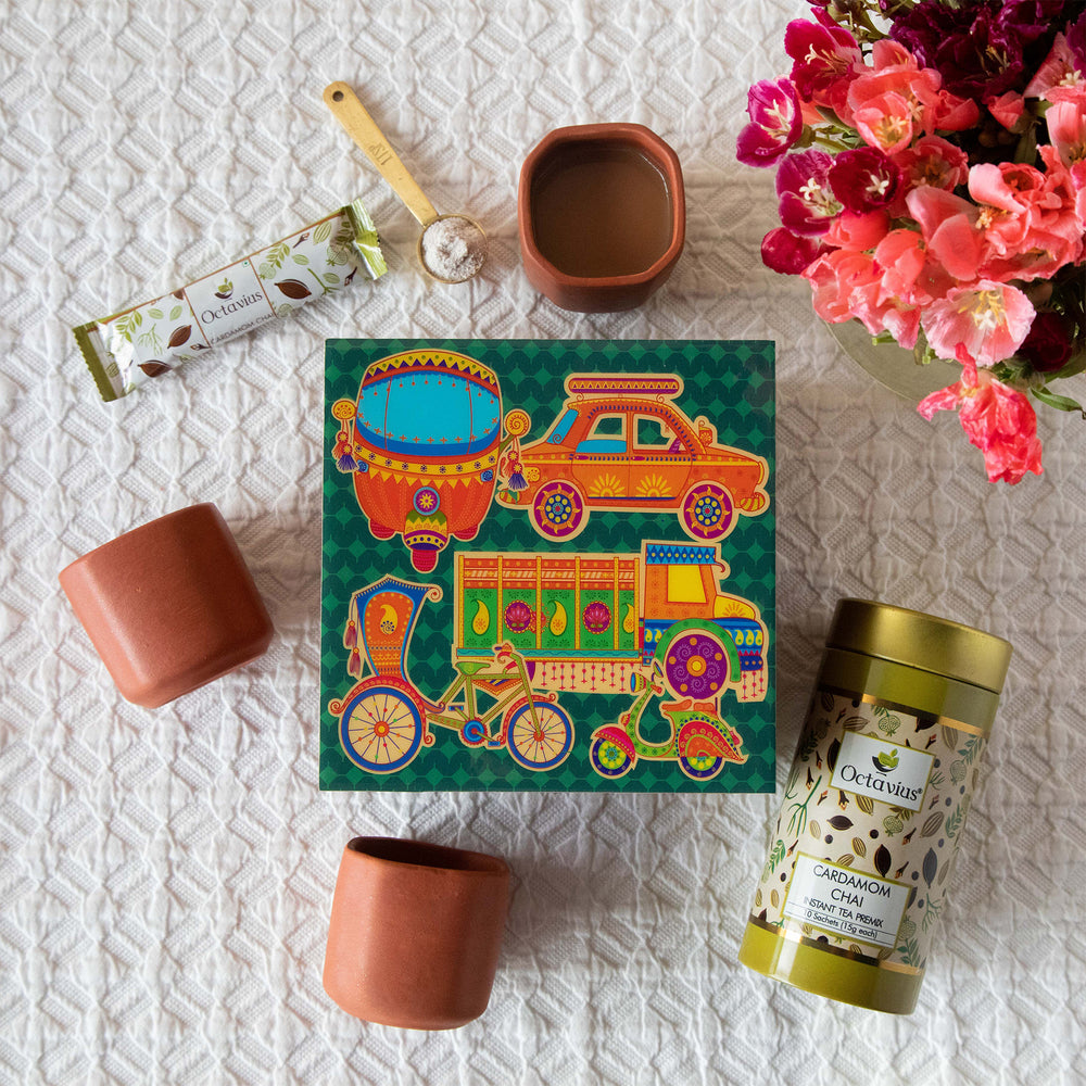 
                  
                    Load image into Gallery viewer, Desi Chai Hamper (Cardamom Instant Tea &amp;amp; Kullad set)
                  
                