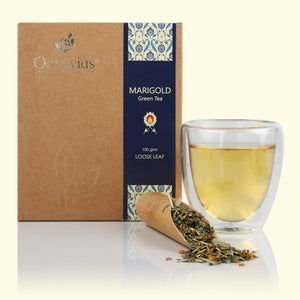 
                  
                    Load image into Gallery viewer, Marigold and Lemon Grass Green Tea Loose Leaf in Kraft Box - 100Gms
                  
                