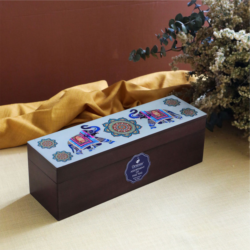 
                  
                    Load image into Gallery viewer, Assortment of Fine Teas- 60 Teabags in Elephant Print Wooden Box
                  
                