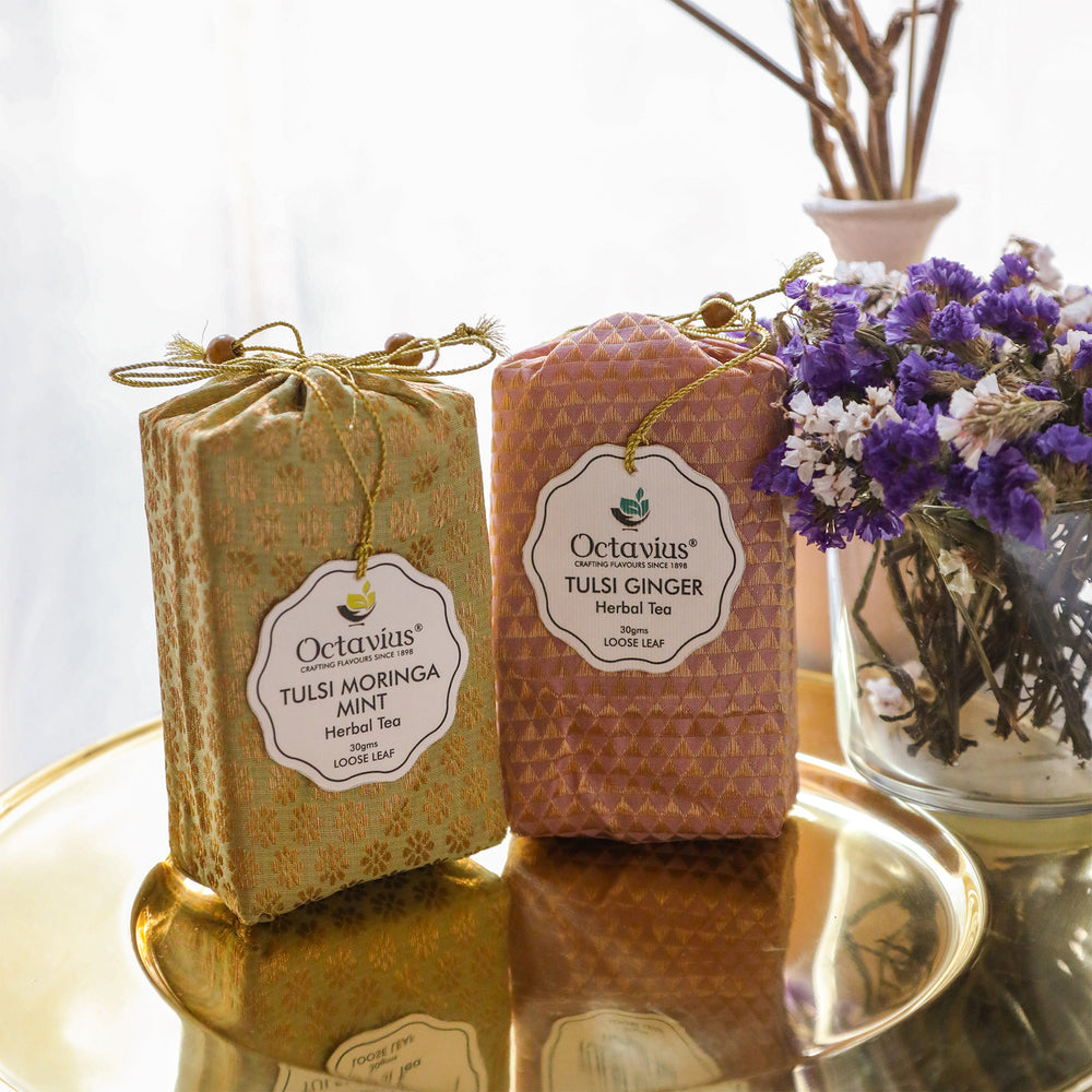 
                  
                    Load image into Gallery viewer, Assortment of 2 Caffeine Free Tisanes- Festive Collection (Tulsi Moringa Mint, Tulsi Ginger)
                  
                