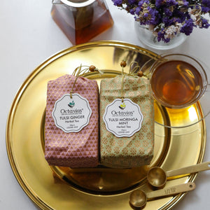 
                  
                    Load image into Gallery viewer, Assortment of 2 Caffeine Free Tisanes- Festive Collection (Tulsi Moringa Mint, Tulsi Ginger)
                  
                