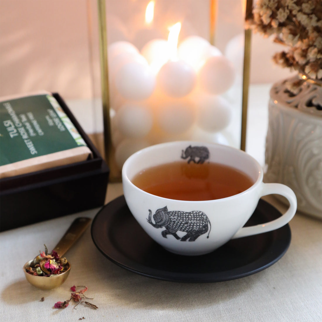 Tulsi Sweet Rose Chamomile Herbal Tea in Elephant Print Wooden Box (Caffeine Free)