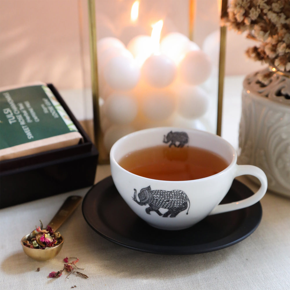 
                  
                    Load image into Gallery viewer, Tulsi Sweet Rose Chamomile Herbal Tea in Elephant Print Wooden Box (Caffeine Free)
                  
                