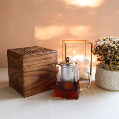 Pyramid Shape Borosilicate Glass Teapot in Sheesham Wood Box