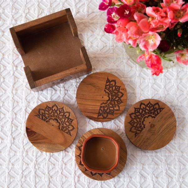 Pure Sheesham Wood Coasters with Holder- Set of Four