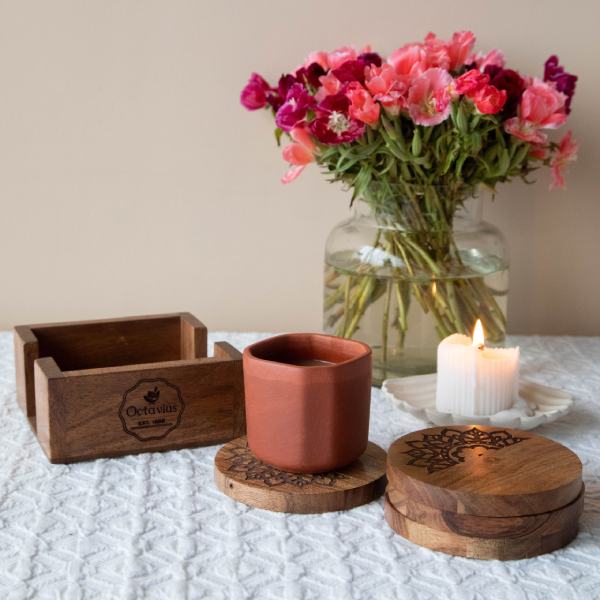 Pure Sheesham Wood Coasters with Holder- Set of Four