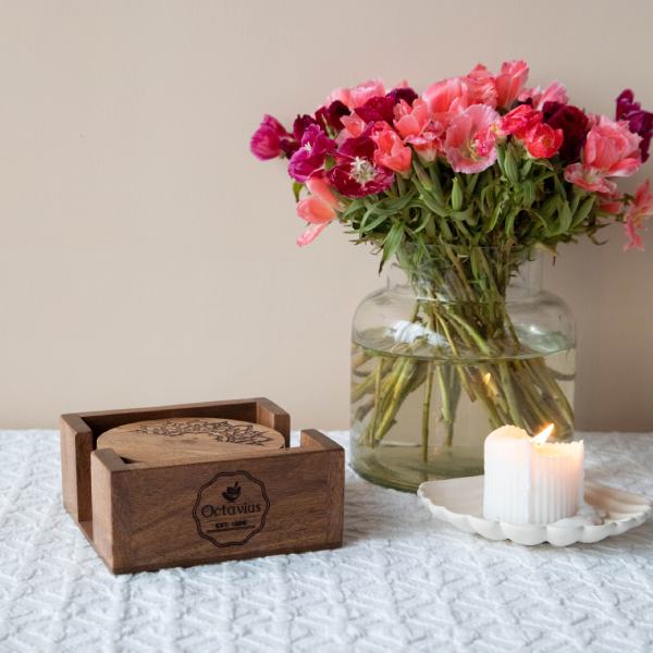 Pure Sheesham Wood Coasters with Holder- Set of Four
