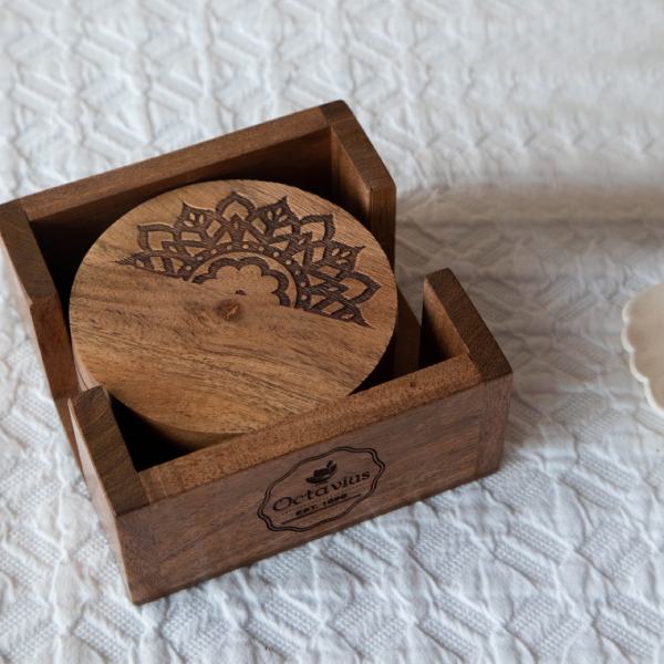 
                  
                    Load image into Gallery viewer, Pure Sheesham Wood Coasters with Holder- Set of Four
                  
                